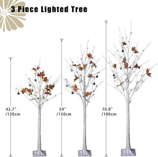 AWQM 4 Feet 5 Feet and 6 Feet Lighted Cherry Blossom Tree, Pack of 3, 200 LED Lights 24 Maple Leaves 24 Balls, for Home, Festival, Party, and Christmas Decoration, Indoor and Outdoor Use (White)