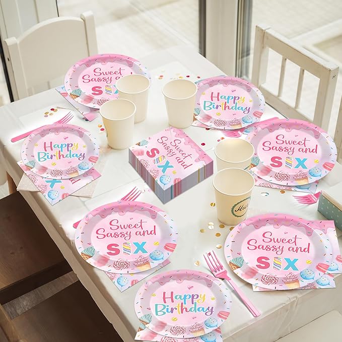 96 PCS Donut Party Tableware 6th Birthday Plates and Napkins Decorations Disposable Donuts Happy Birthday Party Tableware Supplies Sweet Sassy 6th Plates Napkins Decor for Kids Gatherings Decorations