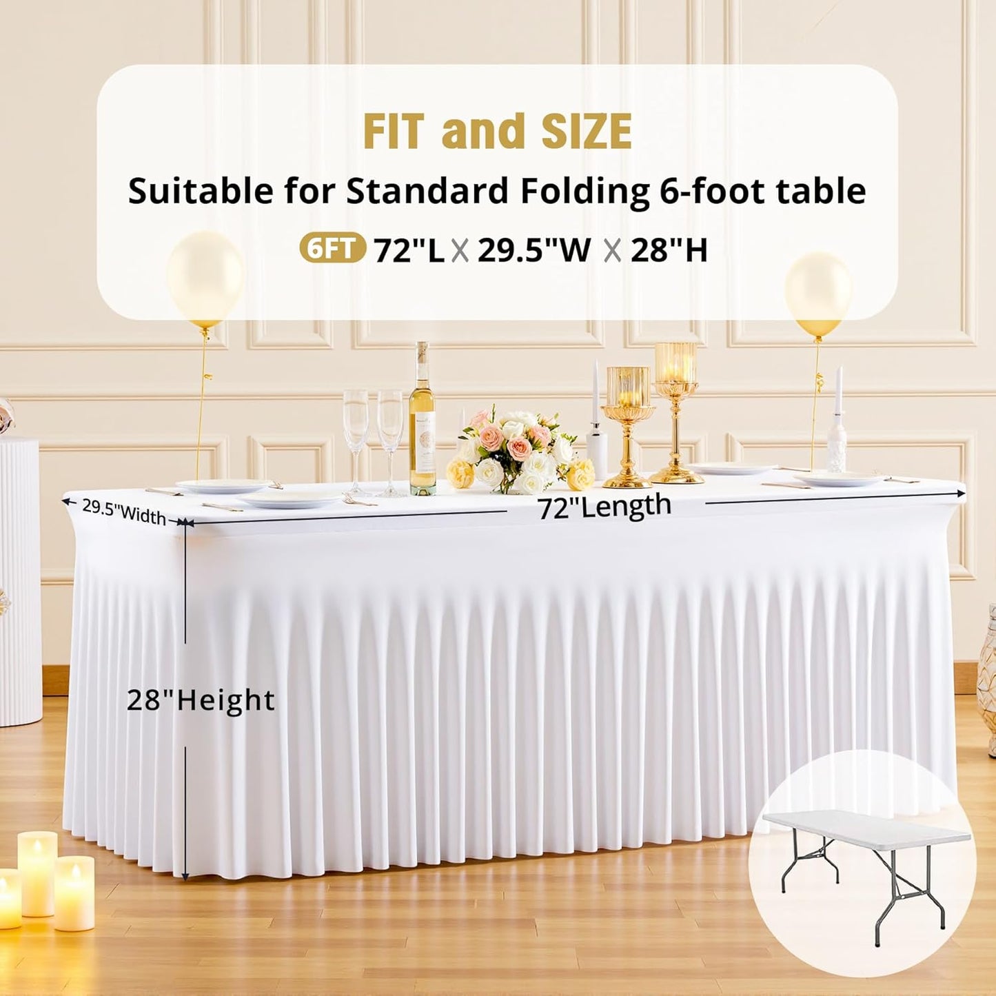 Suppromo 6ft White Spandex Tablecloths for Rectangle Tables Wrinkle Free White Table Cloth Rectangle Stretch Fitted Table Cover with Skirt for Wedding Birthday Party Banquet Baby Shower Buffet Event