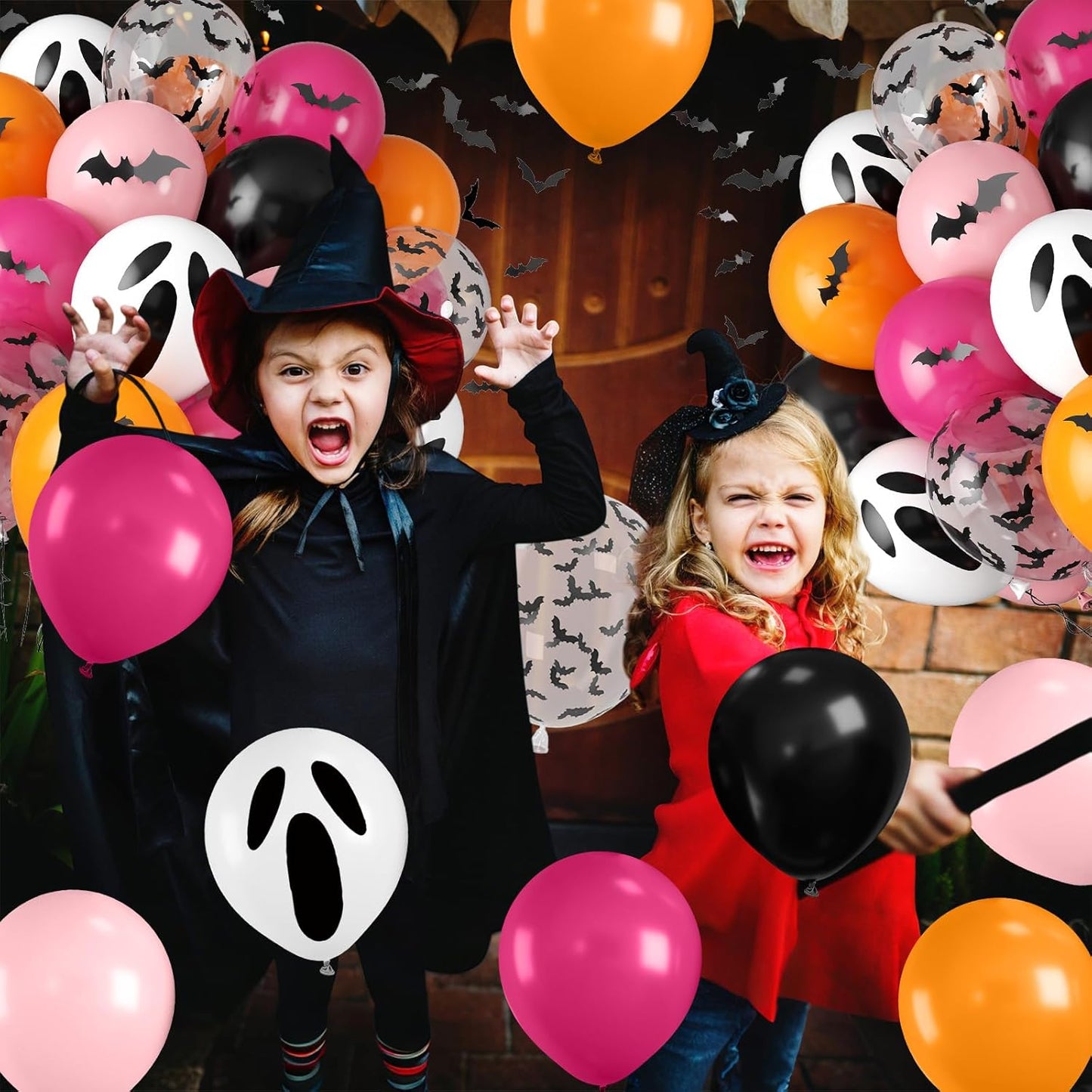 Orange Pink Halloween Balloons – 12 Inch Ghost & Bat Print Latex Balloons for Kids Girls Birthday & Halloween Party Decorations
