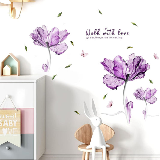 Flowers Wall Sticker Watercolor Purple Floral Wall Decal DIY Butterfly Flower Art Decor Stickers Floral Quotes Saying Wall Decals Mural for Nursery Bedroom Kids Room