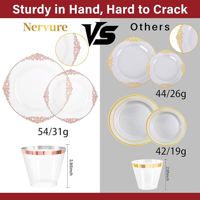 Nervure 175PCS Rose Gold Plastic Plates - Disposable Rose Gold Party Plates & Pre Rolled Napkins with Cutlery for 25 Guests, 50Plates, 75Silverware, 25Cups, 25Napkin for Wedding & Party & Easter