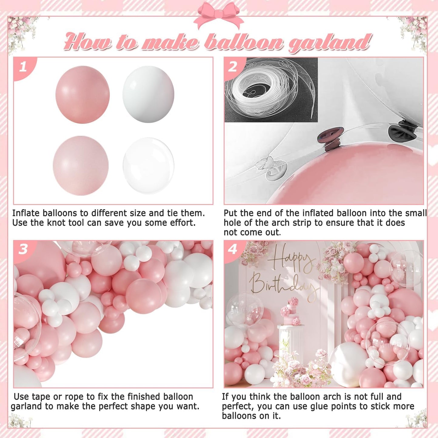 Pink Balloon Arch Kit 132Pcs Pink and White Balloon Arch Garland Kit Include Light Pink White Balloons Clear Balloons for Birthday Wedding Baby Shower Anniversary Bachelorette Bridal Party Decorations