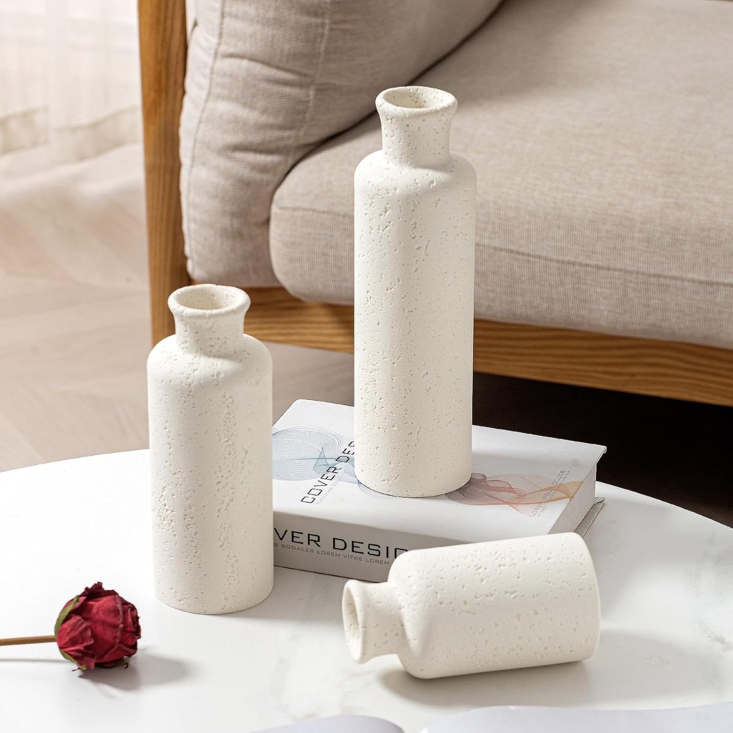 Flower Vase Set, Stone Look, 3 PCS Small Decorative Bud Vases for Pampas Grass, Farmhouse Decor, Kitchen, Living Room, Bathroom, Bedroom, Office, Shelf Centerpiece Table Decoration (White)
