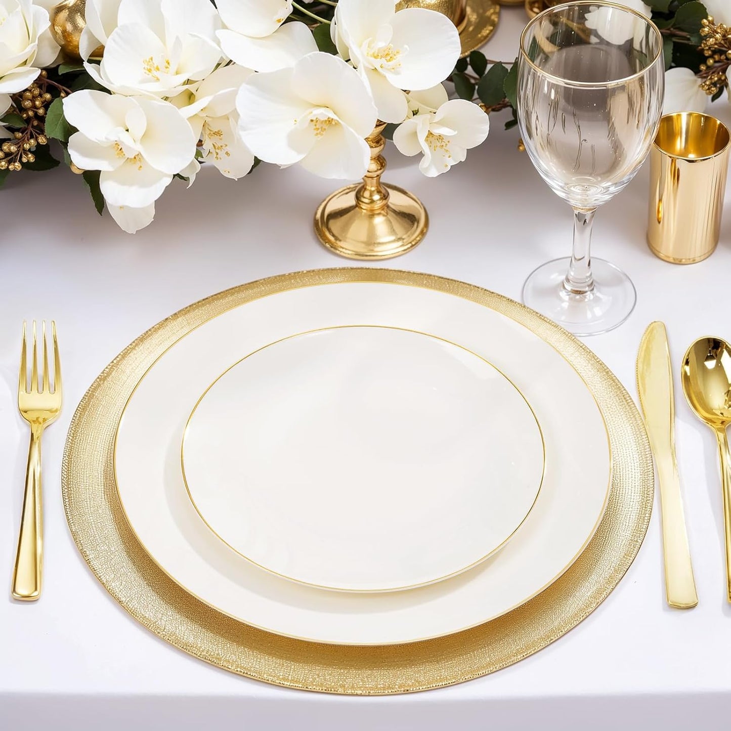 Nervure 100Pcs Ivory and Gold Plastic Plates - 10.25inch Disposable Ivory Dinner Plates - Heavy Duty Plastic Plate Ideal for Wedding & Party & Thanksgiving