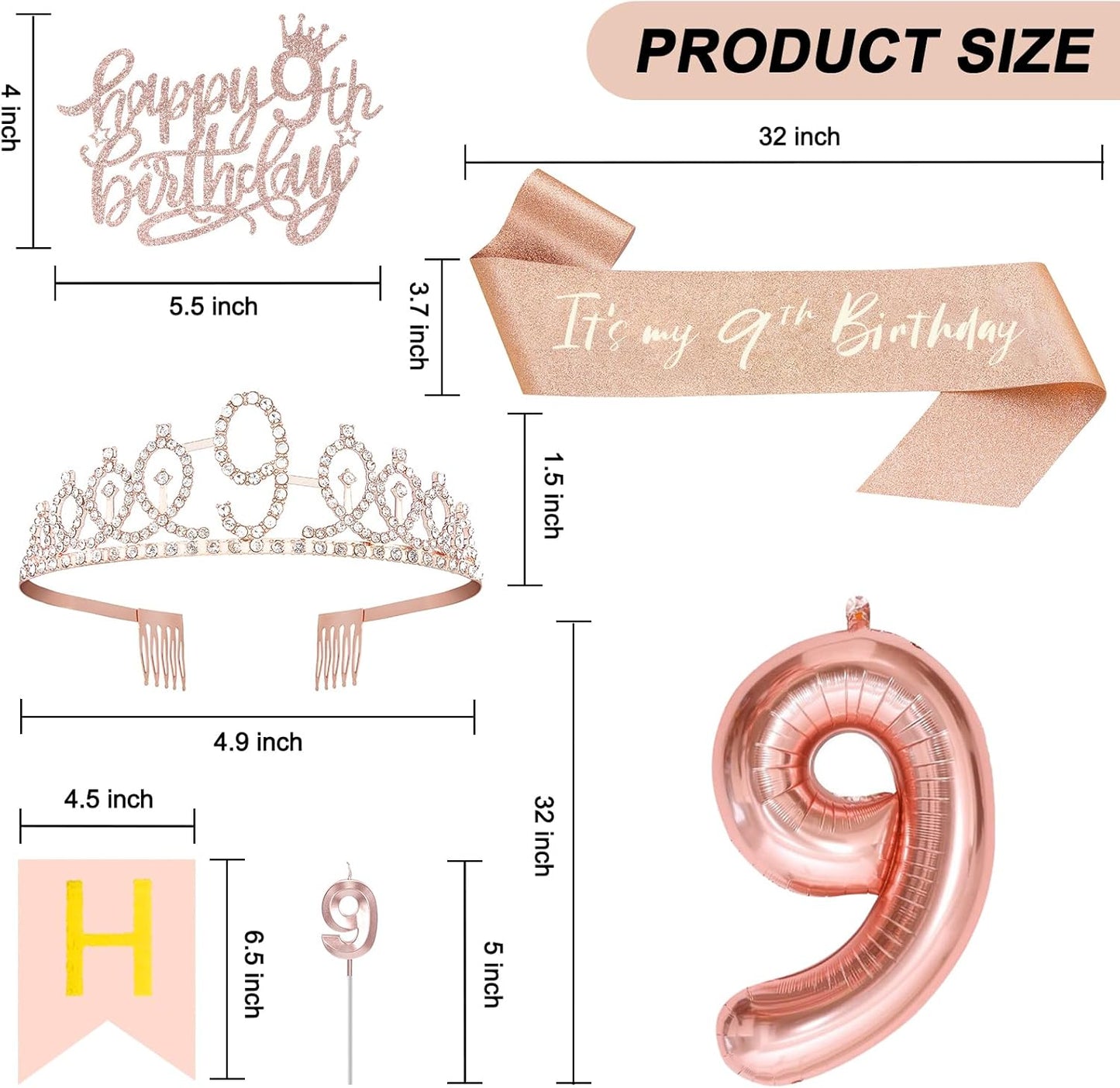 9th Birthday Decorations for Girls, Including 9th Tiara and Sash, Happy Birthday Banner, Cake Toppers, Number Candles and Balloons Set, Rose Gold