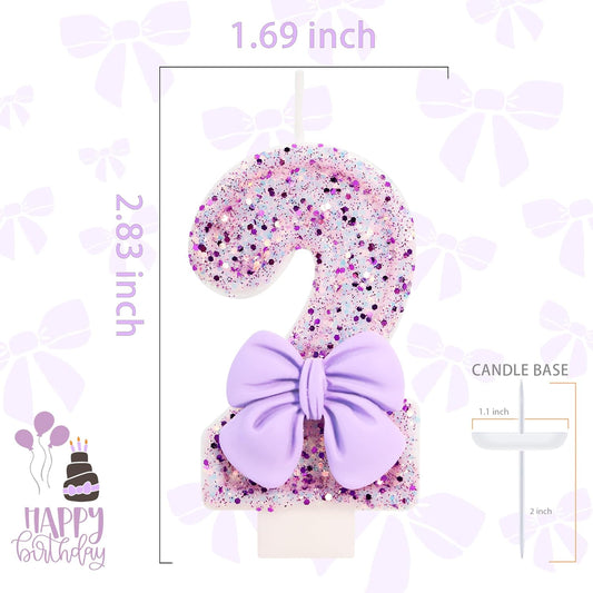 Birthday Candle for Cake, 2 Candle - Purple Glitter with Bowknot, 2.76 inch Cake Topper Decoration for Two Years Old Birthday Party (Number 2)