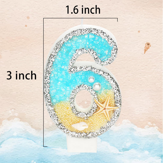 6th Birthday Candle for Cake, Beach Starfish Sequins Candles, 2.76 inch Cake Topper Decoration for Birthday Party (Number 6)