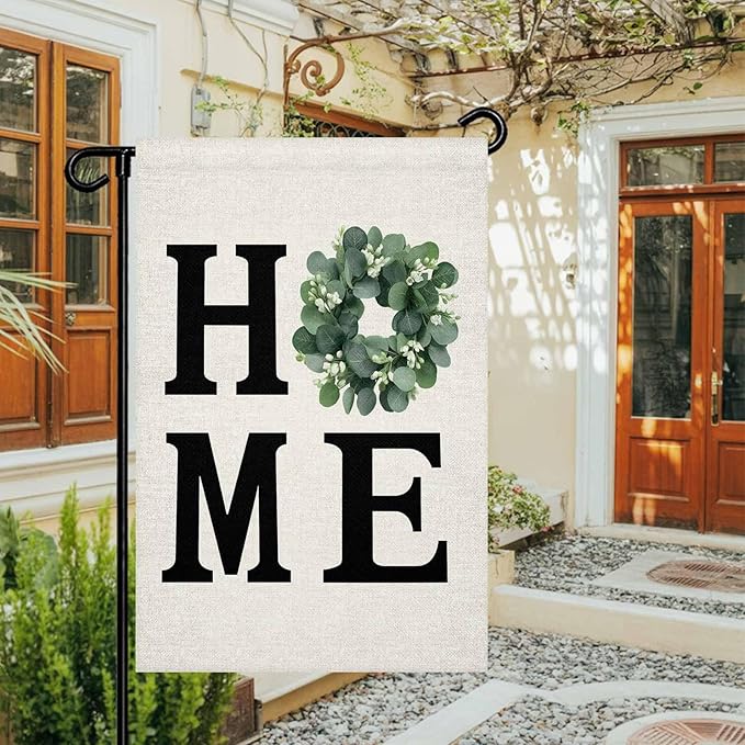 Home Green Eucalyptus Leaves Garland Garden Flags 12x18 Inch Double Sided Welcome Yard Flags for Outdoor Decor Retro Linen Yard Outside Seasonal Decoration