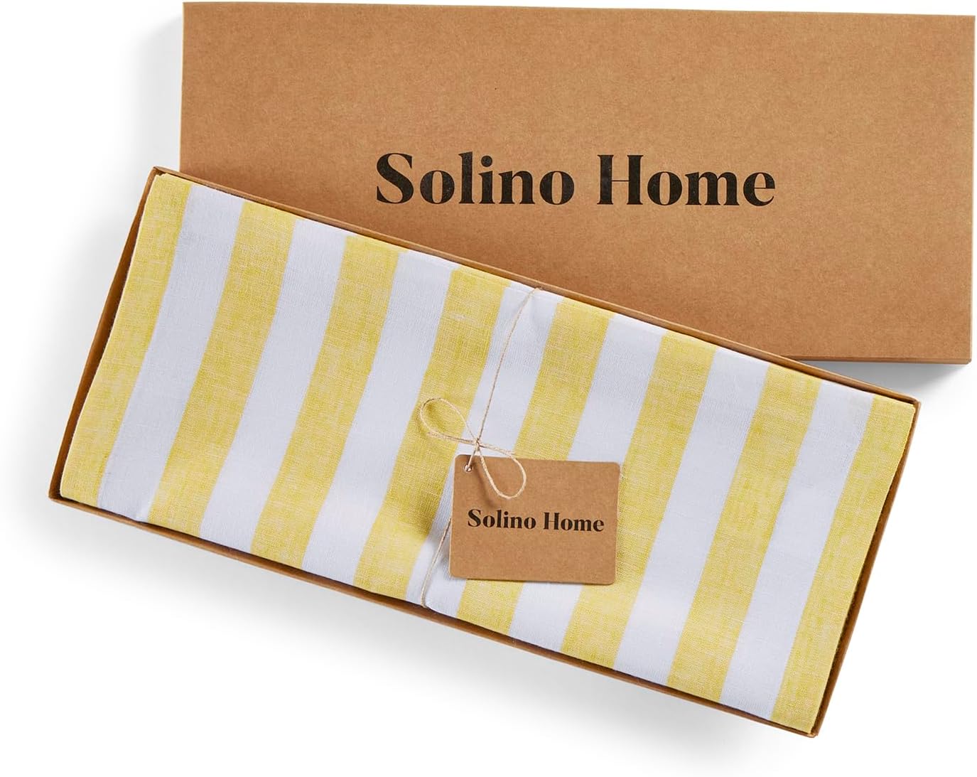 Solino Home Linen Table Runner 120 Inches Long - Sorrento Stripe, 100% Pure Linen Yellow and White Farmhouse Table Runner 14 x 120 Inch for Dining