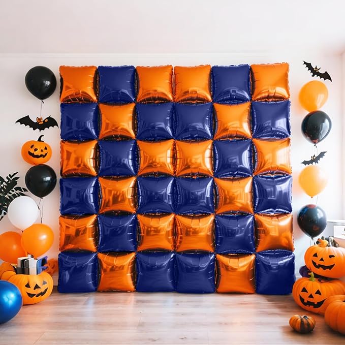 NISOCY 25PCS Navy Blue and Orange Square Foil Balloons Wall Backdrop Double Sided Orange Navy Blue Balloons Arch Kit for Birthday Graduation Anniversary Baby Shower Kids Party Decorations