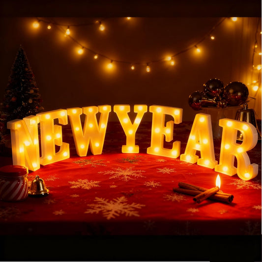 7 Pcs New Year Large LED Letter Sign LED Lights Battery Powered Table Decoration for New Year Christmas Party Tabletop Decoration