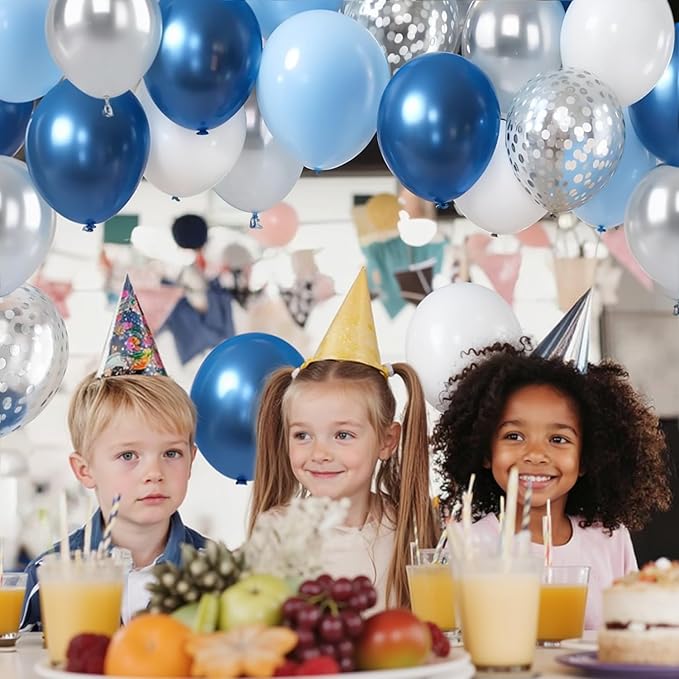 Zesliwy Blue White Silver Balloons Set,50Pcs 12 Inch Metallic Dark Blue Sliver Balloon Royal Light Blue white with Silver Confetti Balloons for Birthday Graduation Wedding Retirement Party Decoration