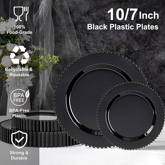 U-QE 60PCS Black Plastic Plates - Heavy Duty Black Disposable Plates Including 30PCS 10.25'' Dinner & 30PCS 7.5'' Dessert Plates -Hard Plastic Plate for Party Wedding Bridal Shower