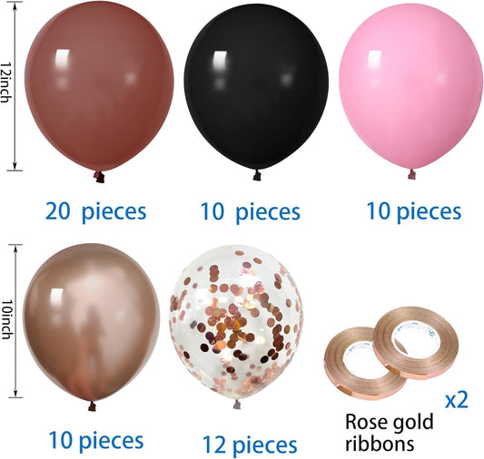 62Pcs 12Inch Black Rose Gold Pink Balloons Kit, Vintage Pale Pink Black Rose Gold Confetti Party Balloons with Ribbons for Birthday, Wedding, Baby Shower, Graduation Decorations