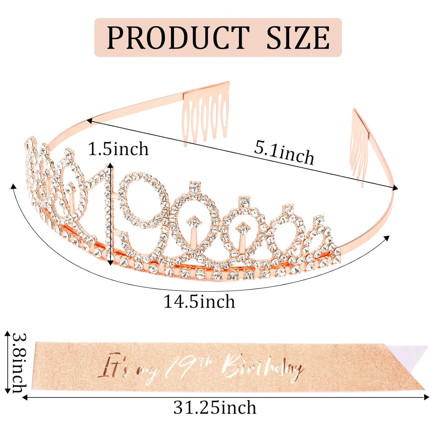 CIEHER 19th Birthday Crown and Sash for Girls, It's My 19 Bday Sash, 19th Birthday Decorations Rose Gold