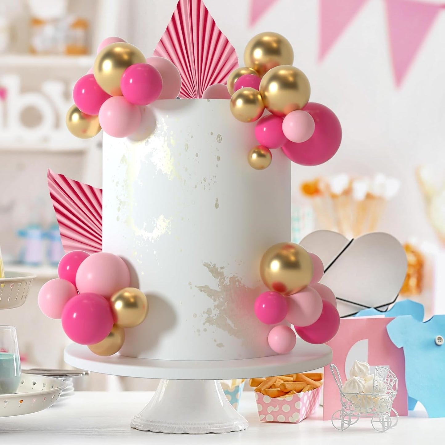 NEBURORA 64 Pcs Balls Cake Toppers and Leaves Decoration Set Mini Balloons for Cake Decorating Supplies Balls Cake decorations for Baby Shower Cake Toppers Birthday Cake Decorations (Pink Gold)