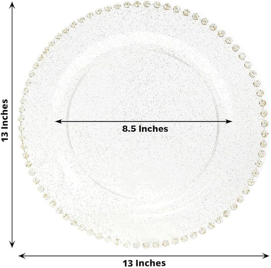 Efavormart 10-Pack Economy Plastic Charger Plates 13" Round Clear/Gold Glitter with Beaded Rim - Stylish Dinner Party Serving Plates