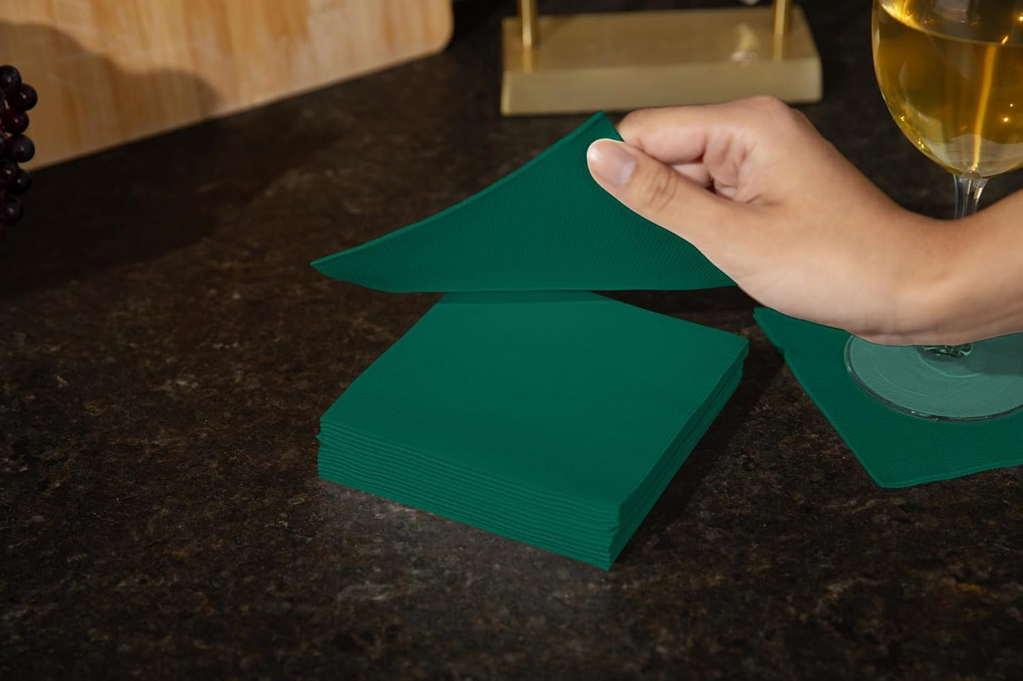 AH AMERICAN HOMESTEAD Paper Cocktail Napkins - Linen-Like Disposable Beverage Bar Napkins 4.75" x 4.75" - Bulk Square Napkins - Ideal for Party or Wedding (Green -100 Count)