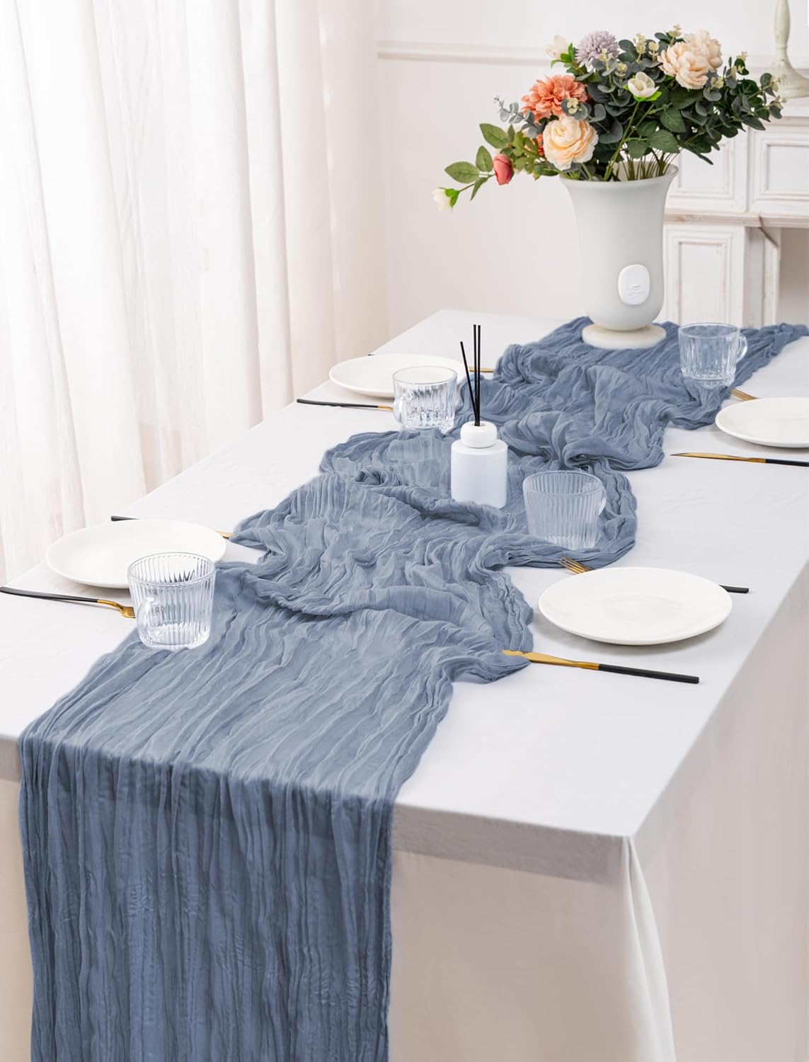 12 Pack Dusty Blue Table Runner 10FT Cheesecloth Table Runner 21 x 120 inch Boho Gauze Cheese Cloth Table Runner Rustic Sheer Table Runner for Party Wedding Bridal Baby Shower Birthday Table Decor