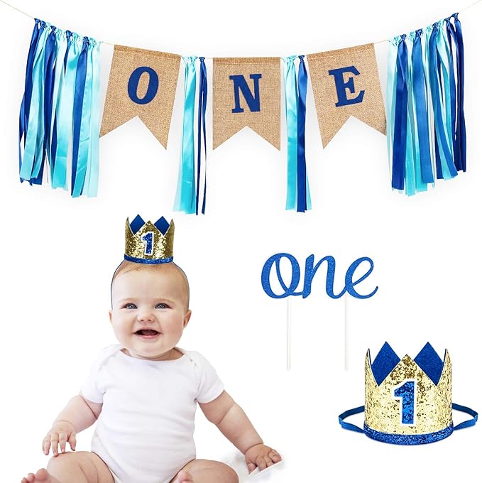 1st Birthday Boy Decorations with Burlap Highchair Banner, Cake Topper, Blue Hat Crown for Happy First Birthday Party Decoration Supplies