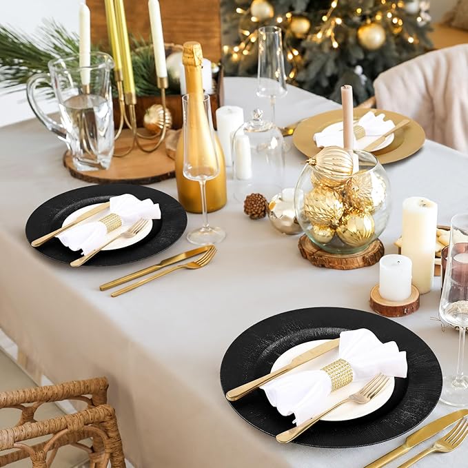 Tanlade 100 Pcs Charger Plates Bulk, 13 Inch Plastic Round Charger Dinner Plates Elegant Wedding Serving Plate for Event Tabletop Wedding Party Bridal Baby Shower Decor (Black)