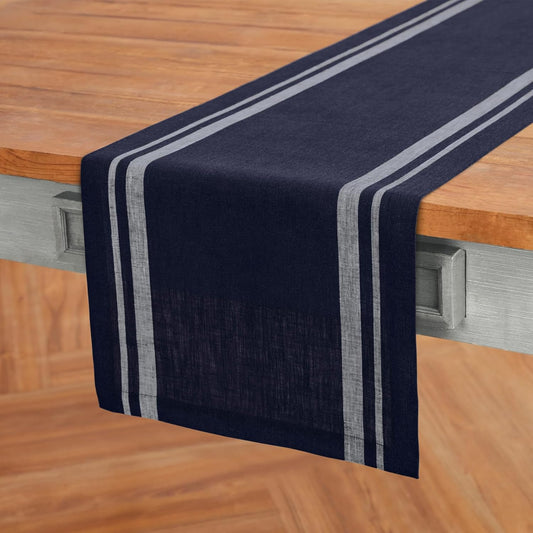 Solino Home Striped Linen Table Runner 108 Inches Long - French Stripe 100% Pure Linen White and Navy Dining Table Runner 14 x 108 Inch for Christmas, Holiday