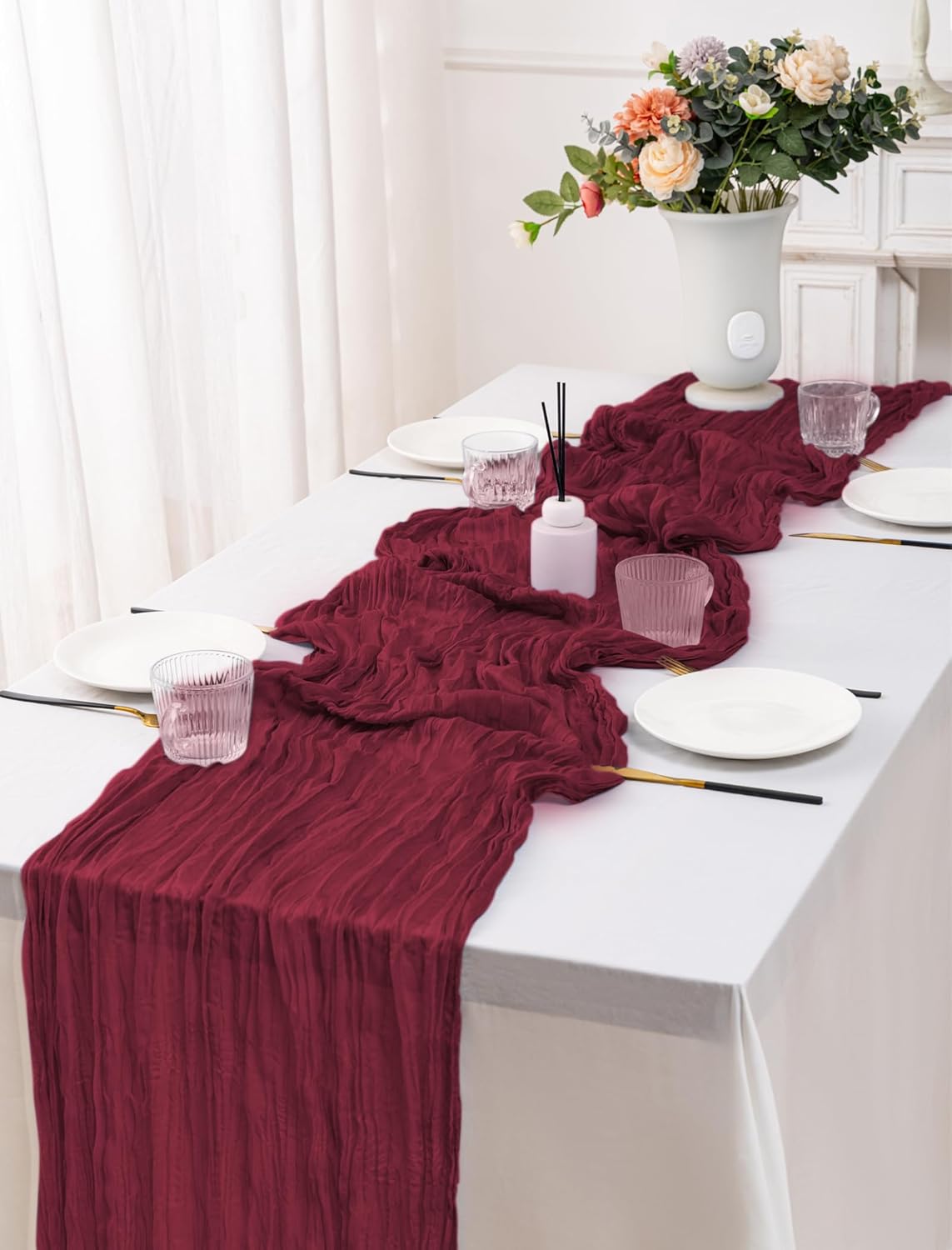 12 Pack Burgundy Table Runners 10FT Cheesecloth Table Runner 21 x 120 inch Boho Gauze Cheese Cloth Table Runner Rustic Sheer Table Runners for Party Wedding Bridal Baby Shower Birthday Table Decor