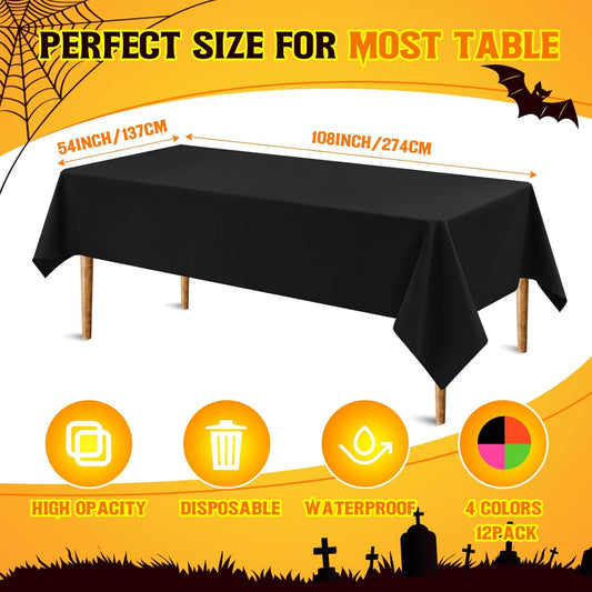 Tegeme 12 Pack Plastic Halloween Tablecloths 54×108 Inch Black Orange Pink Green Rectangle Table Cloth Covers Waterproof for Halloween Neon Party Decorations Birthday Party Supplies
