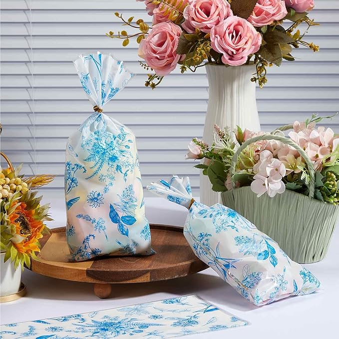 Sweetude 100 Pcs Wildflower Party Cellophane Treat Bags Candy Plastic Clear Goody Bags Gift Supplies for Baby Shower Bridal Shower Birthday Wedding Party Favors, 11"x 5" (Blue and White)