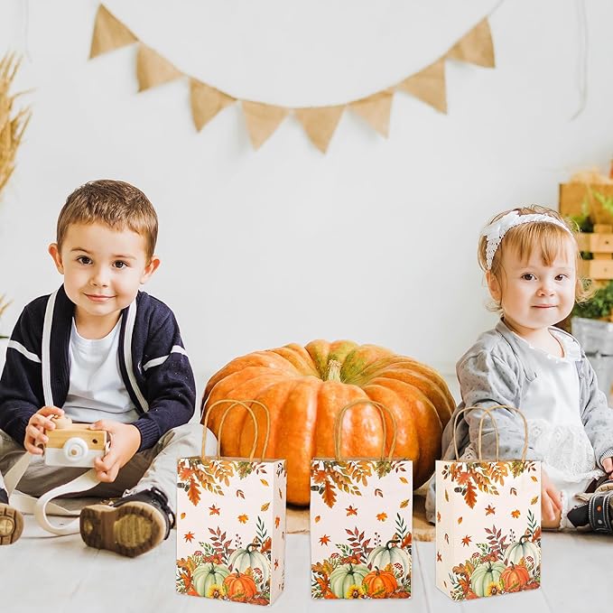 JarThenaAMCS 24Pcs Fall Kraft Paper Gift Bags Pumpkin Maple Leaves Treat Bags with Handles Grocery Shopping Bags Candy Goodie Bags for Autumn Thanksgiving Baby Shower Birthday Party Favors Supplies