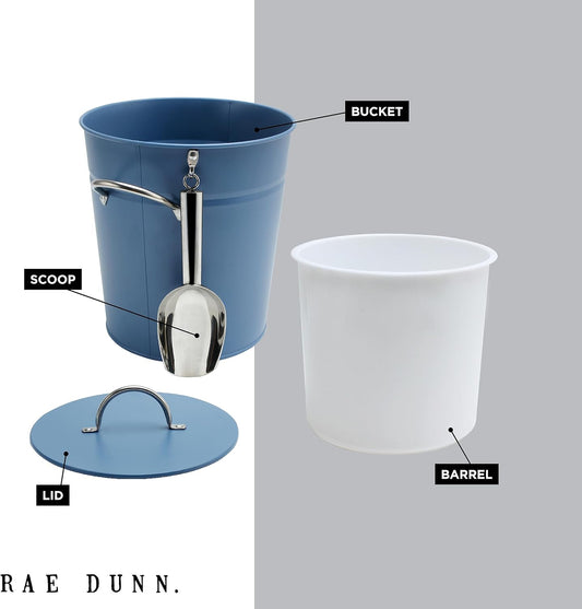 Rae Dunn Ice Bucket with Scoop - Stainless Steel Bucket with Handle, Lid and Ice Scooper - 4 Qt. Storage Bin for Ice Cubes for Bars, Parties, Backyard Barbeques, Picnics, and Camping (Blue)