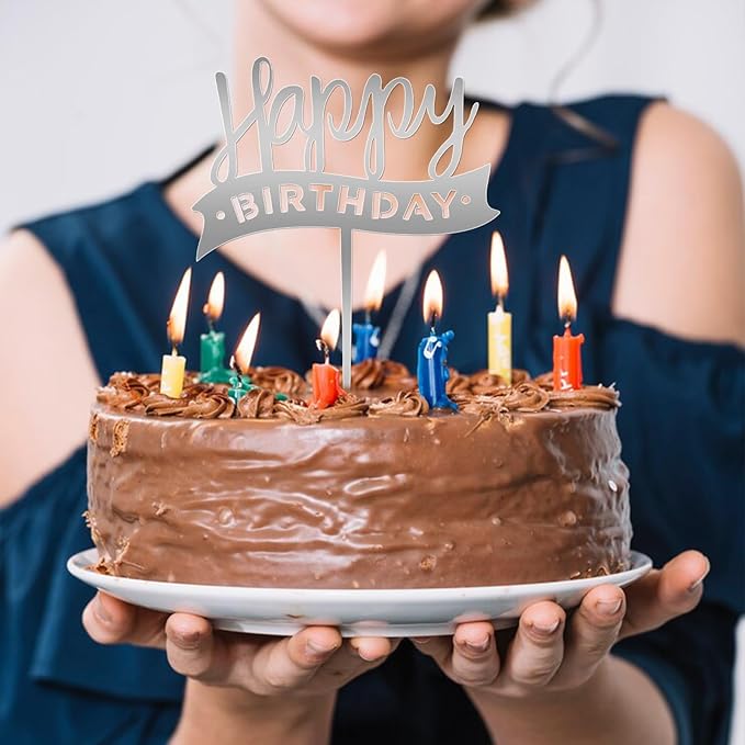 DIVINA VITAE 6 Pcs Silver Acrylic Happy Birthday Cake Toppers & Inserts - 6.29" W x 9.44" H - Perfect for Cupcakes, Cakes, Parties & More
