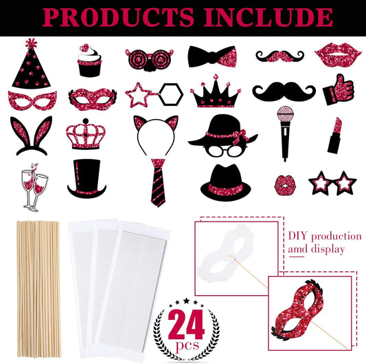 Zonon 24 Pieces Funny Photo Booth Props:Halloween,Christmas,Family Reunion, Class Reunion, Birthday, Weddings, Prom Disco Mardi Gras Party Supplies - Mix of Hats, Lipstick, Tie(Burgundy and Black)