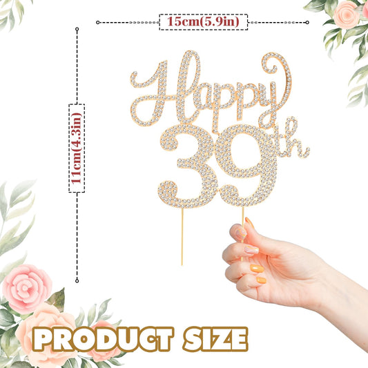 Happy 39th Birthday Decorations,39th Birthday Gold Rhinestone Cake Topper - Cheers to 39 Years Old Bday Party Metal Sparkly Cake Centerpieces Sign.