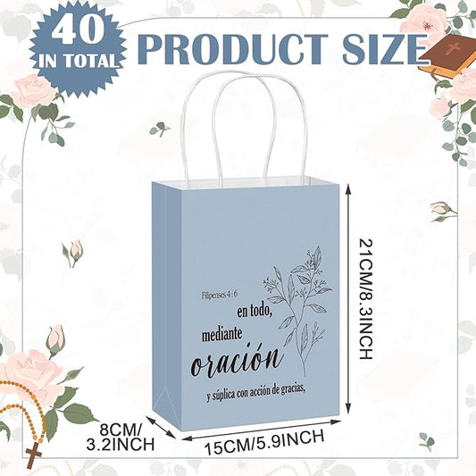 Kolldenn 40 Pcs Spanish Bible Verse Bags Bulk Christian Gift Bags with Handles Inspirational Flower Boho Biblical Religious Gifts for Church Sunday School Mother's Day Baptism Party(Earthy Tones)