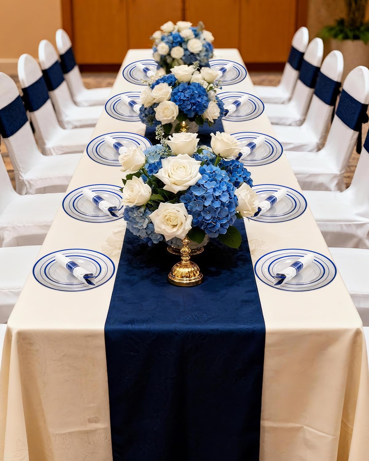 Goodluck 350 Piece Blue Plastic Plates, Clear Plastic Silverware Disposable Plates Set, Include 100Plates, 50Pack Pre Rolled Napkins with Silverware, 50Cups for Party, Wedding, Graduation
