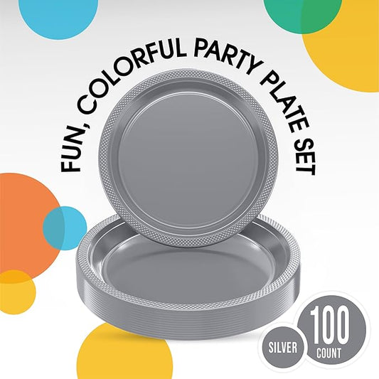 Party Solids Silver Plastic Plates For Party Supplies, Silver Disposable Plates 100 Pieces - 50-7" & 50-9" Heavy Duty 350 GSM Disposable Dinnerware Sets, Plastic Dinnerware Sets