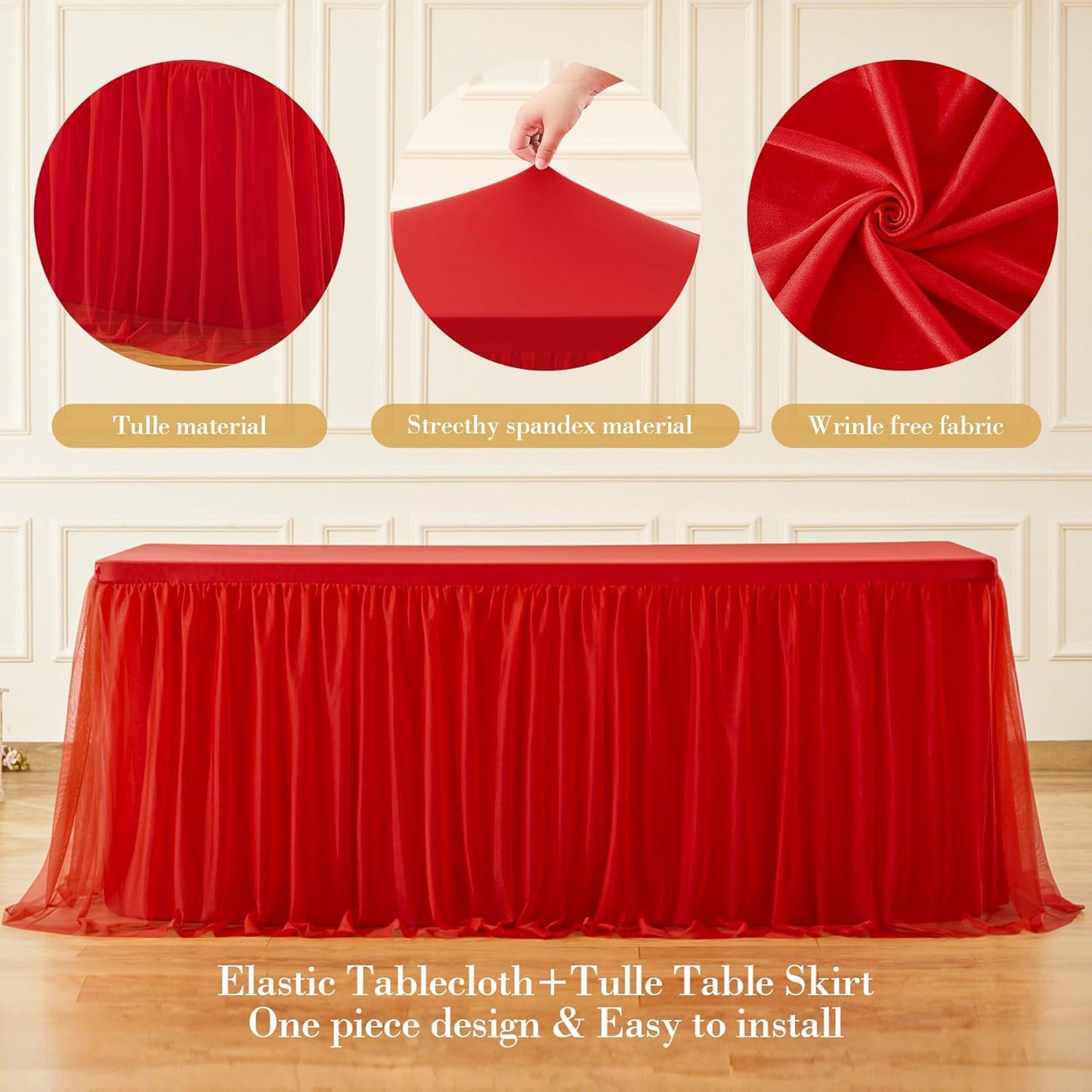 Suppromo 4 Pack 6ft Red Tulle Tablecloths for Rectangle Tables, 6 Foot Red Rectangular Table Cloth Wrinkle Free Tablecover with Tutu Skirt for Baby Shower Wedding Birthday Party Banquet Buffet Cake