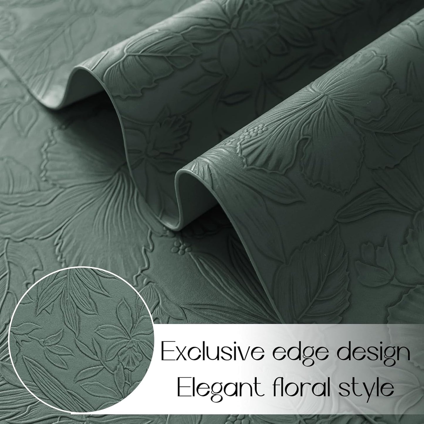 Romanstile Vinyl Placemats Set of 6-12 X 18 Inch - Heat Resistant Non-Slip Embossed Floral Place Mats 100% Waterproof Oilproof Wipeable Faux Leather Table Mats for Kitchen/Dining/Party, Green