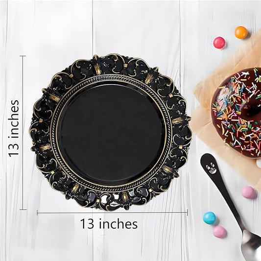 6 Pack Black Charger Plates 13" Round Charger Plates for Dinning Plates with Embossed Rim Plastic Charger for Dinner, Wedding, Elegant Tableware Decor