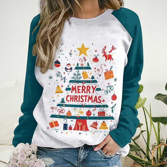 LOAIHA Christmas Sweatshirts for Women Christmas Tree Graphic Shirt Xmas Long Sleeve Merry Christmas Pullover Blouse