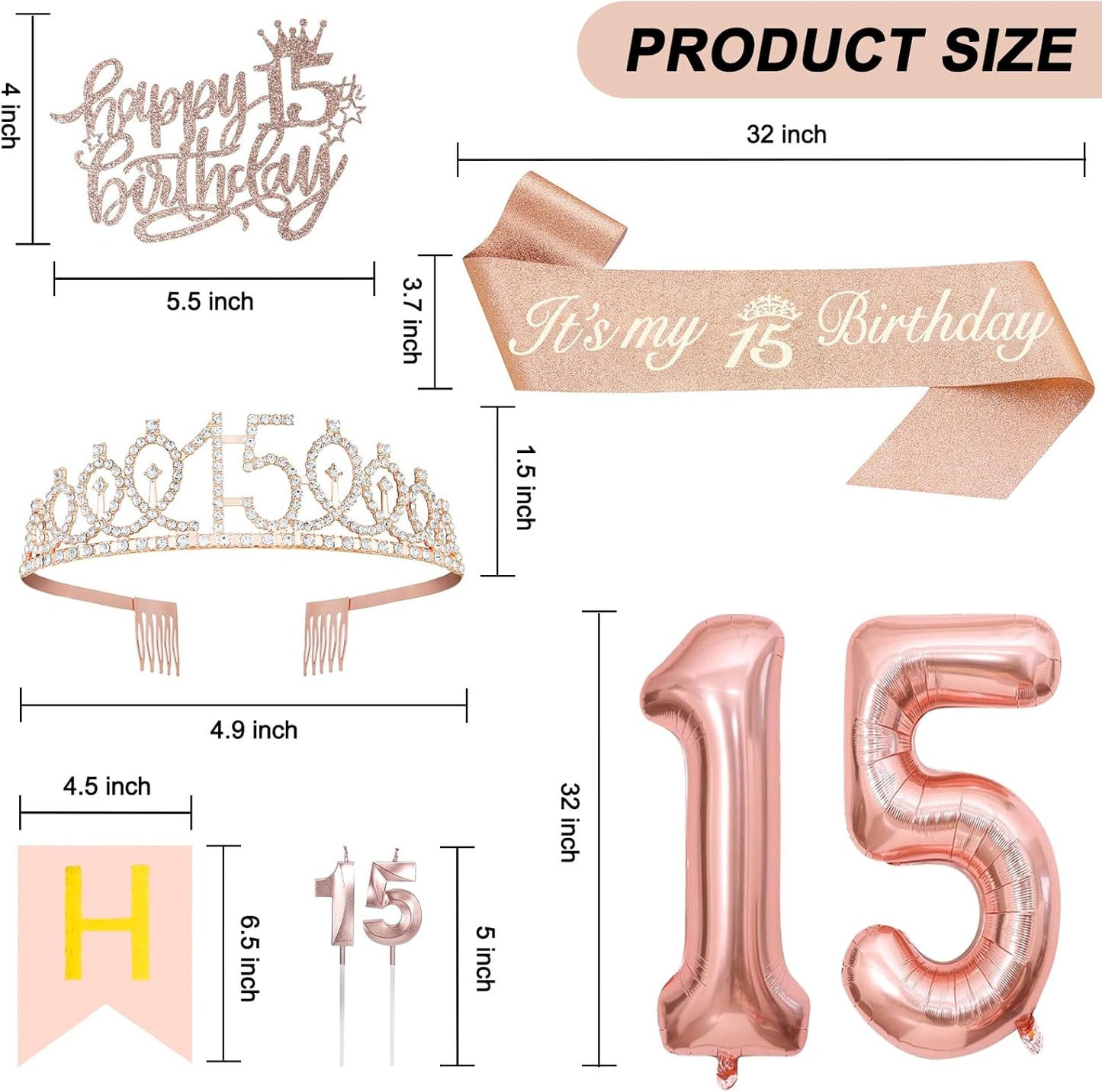15th Birthday Decorations for Girls, Including 15th Tiara and Sash, Happy Birthday Banner, Cake Toppers, Number Candles and Balloons Set, Rose Gold
