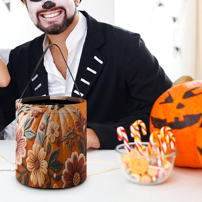 Halloween Candy Bucket - Fall Pumpkin Ethic Boho Floral Trick Or Treat Candy Bag, Gift Bag for Party Favor Supplies