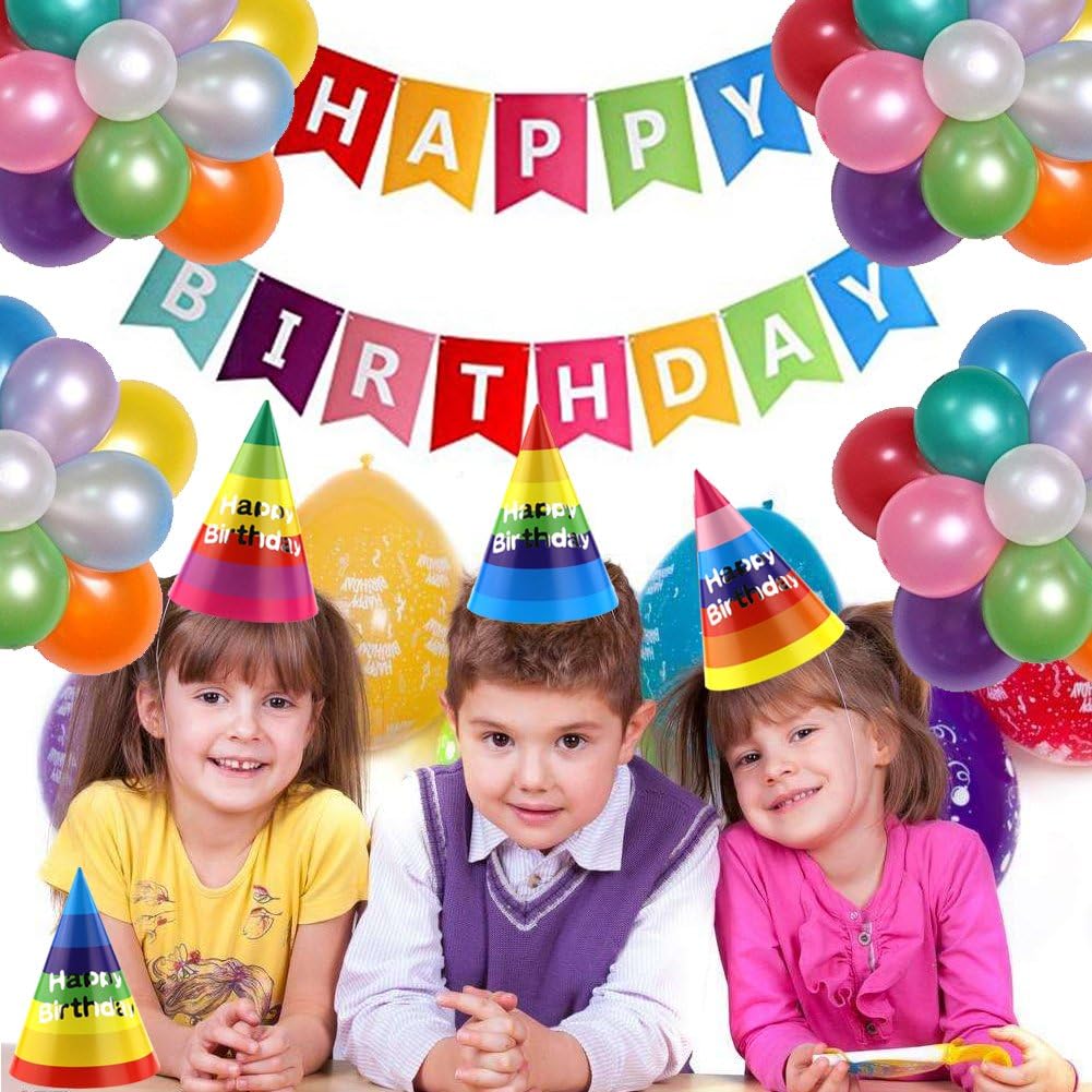 Rainbow Cone Party Hats for Kids & Adults - 12 Pack, 8 inch - Perfect for Birthday Parties & Classroom Decorations