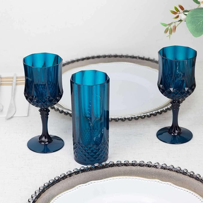Navy Blue Plastic Highball Glasses 6-Pack – 14oz Shatterproof Crystal Cut Cocktail Glasses for Parties & Events
