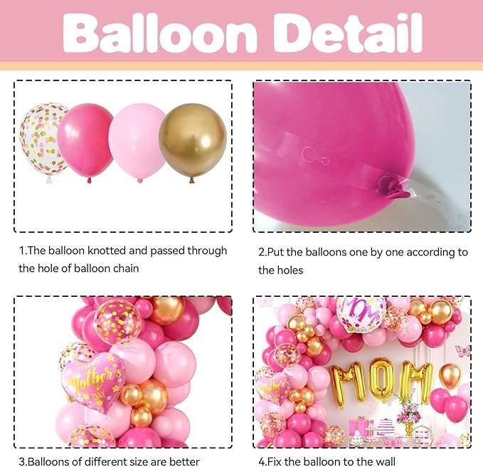 Mother's Day Balloon Arch, Hot Pink metallic Gold Balloon Garland Kit with Large Mom Foil Balloons, Pink Mother Heart Foil Balloons for Mom's Day Party Decorations