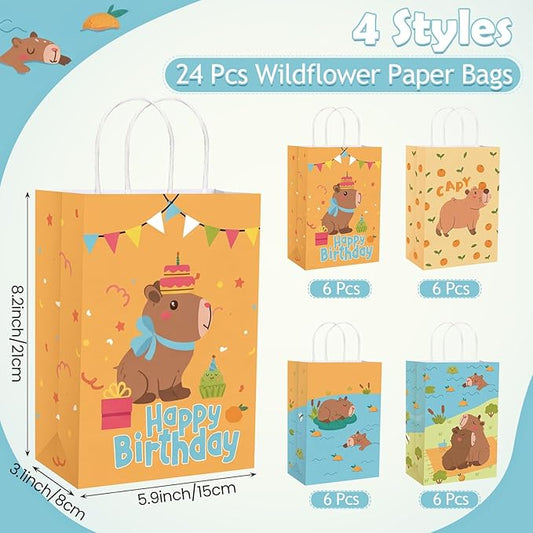 Gaillty 24 Pcs Capybara Gift Bags Paper Capybara Party Favor Bags with Handles Cute Animals Goodie Candy Treat Pouches for Birthday Decorations Baby Shower Party Supplies