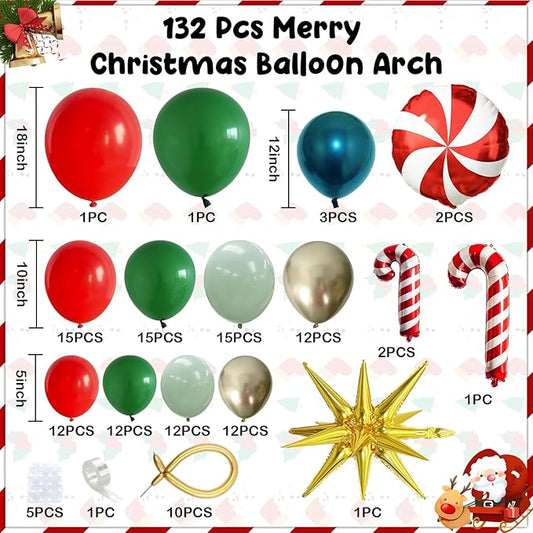 Christmas Balloons Garland Arch Kit, Red Dark Green Gold Metallic Balloons Candy Cane Star Foil Mylar Balloons for Winter Xmas Merry Christmas Baby Shower Ugly Sweater Birthday Party Decorations