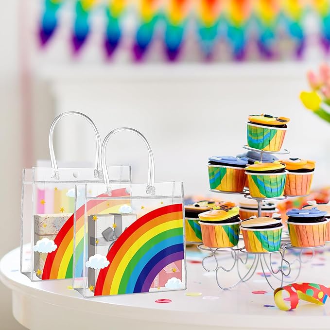 Aliceset 20 Pcs Clear Plastic Goodie Bags Party Treat Bags with Handles Rainbow Themed Favor Wrapping for Birthday Snack Candy Holiday Decoration Baby Shower Supplies, 8 x 8 x 3.15 Inch